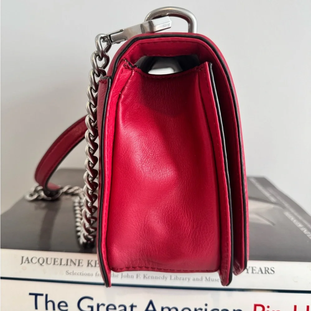 Rebecca Minkoff Leather Chevron Quilted Crossbody Flap Boy Bag Red Silver - Picture 4 of 12